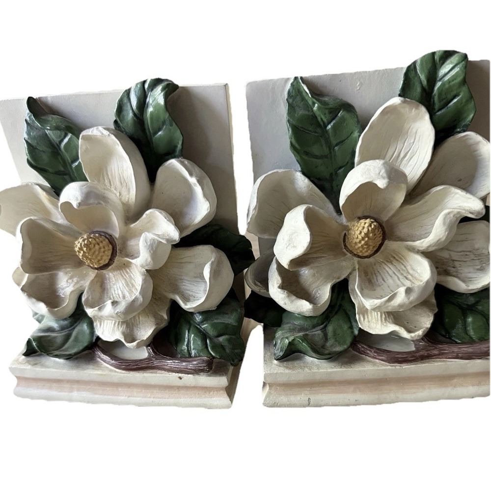 VTG CBK 1995 White Magnolia Flower 3D Resin Bookends Shabby Cottagecore